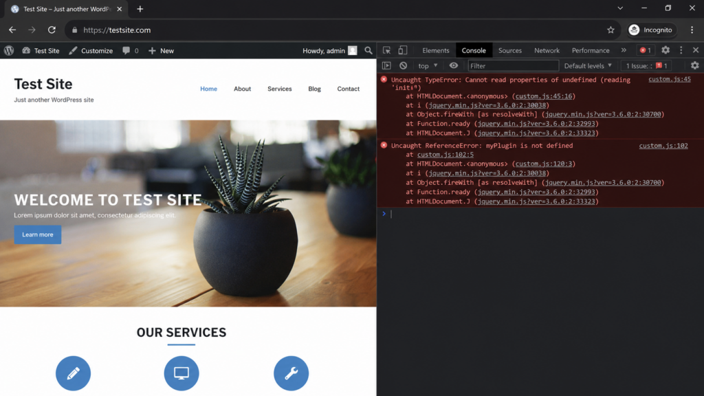 A JavaScript error in the browser console pointing to a plugin conflict