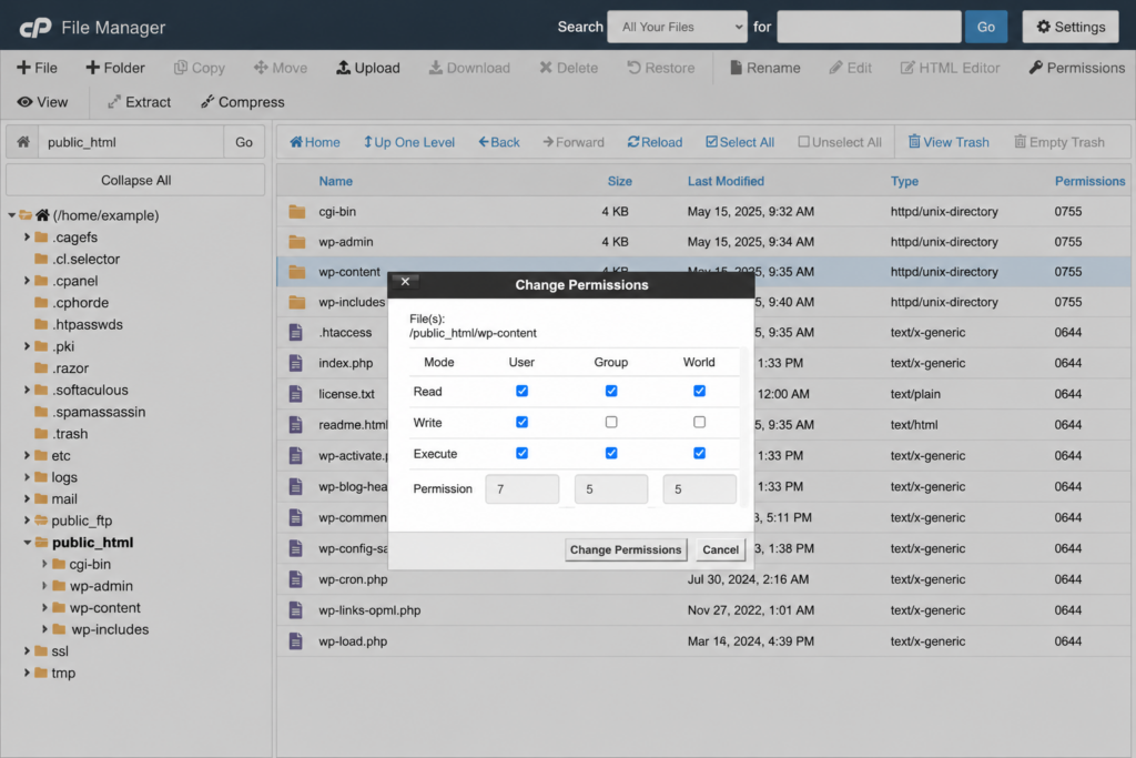 Setting 755 permissions on a folder in cPanel File Manager