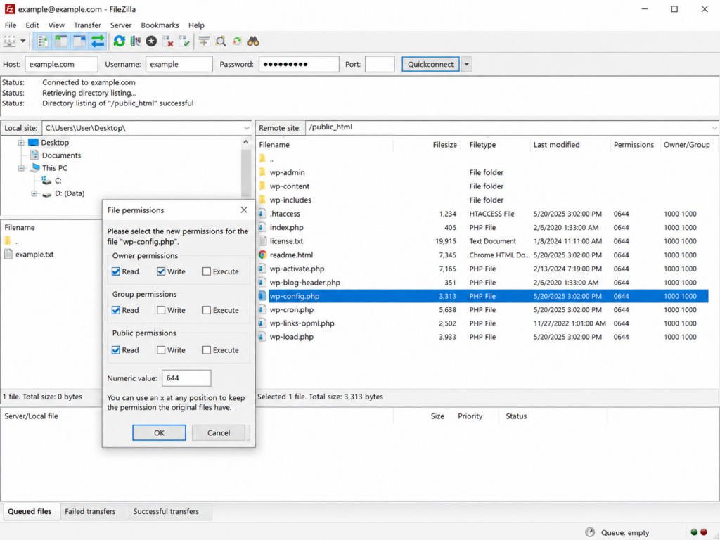 Changing file permissions in FileZilla via the File Permissions dialog