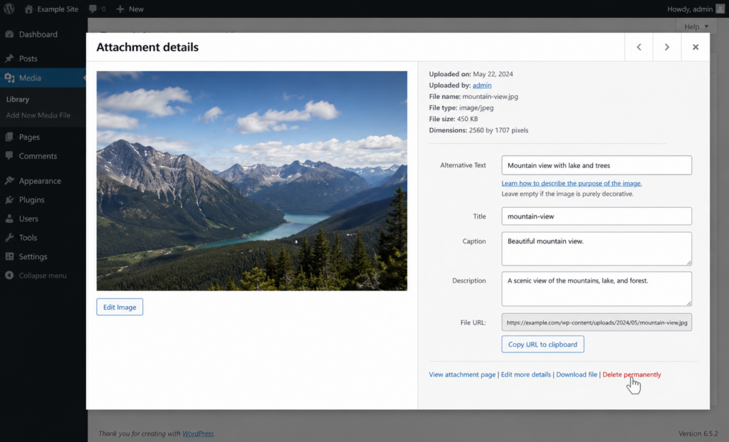 Deleting a single image from the WordPress Media Library