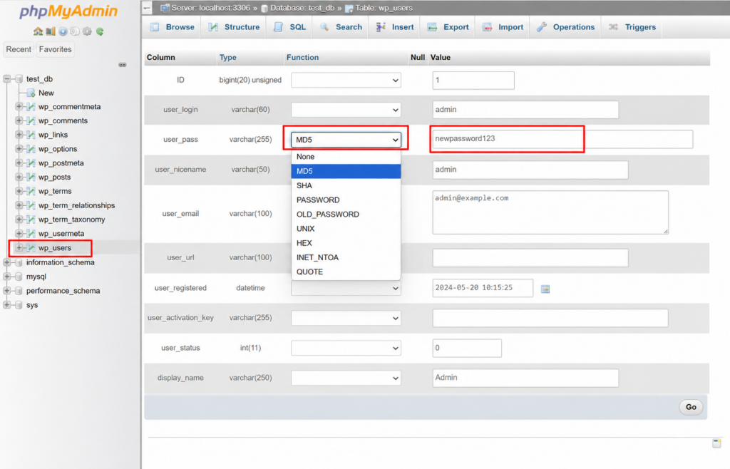 Resetting a WordPress password in phpMyAdmin using the MD5 function on user_pass