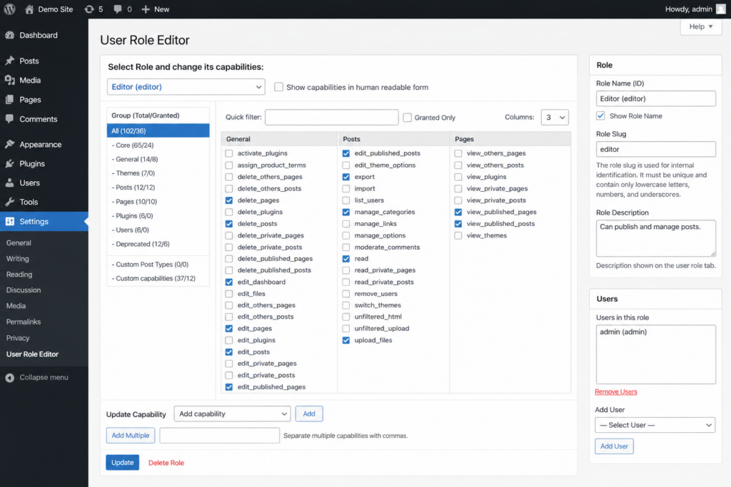 Editing capabilities with the User Role Editor plugin