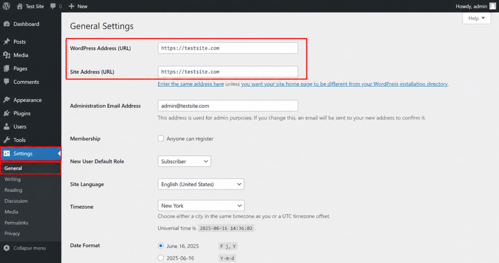 WordPress Address and Site Address fields in Settings General