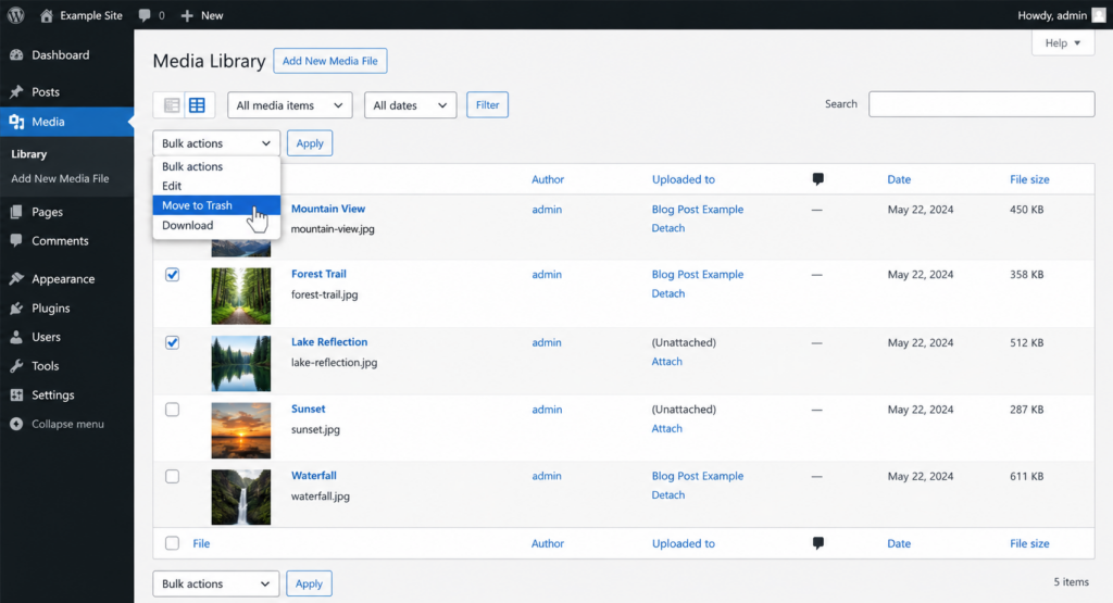 Bulk deleting images in the WordPress Media Library list view