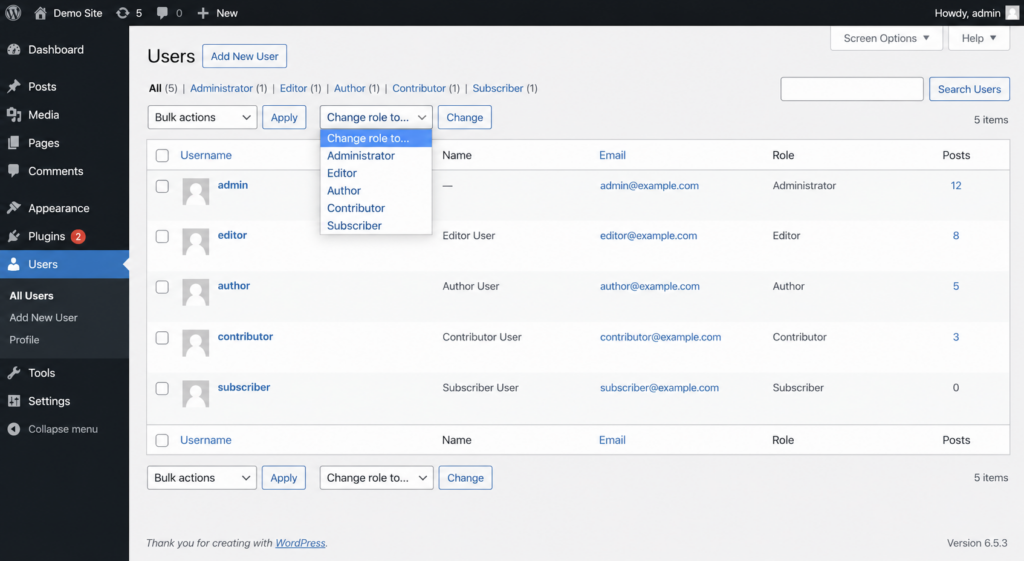 Change user roles in WordPress. Users → All Users screen with dropdown "Change role to" open.