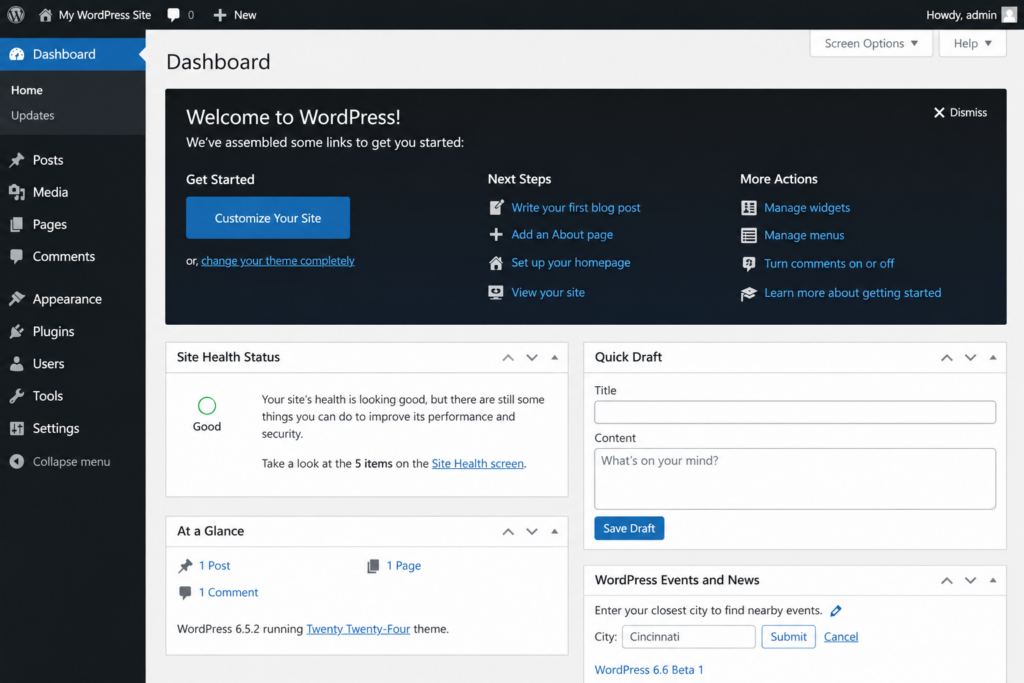 WordPress admin dashboard after a successful login