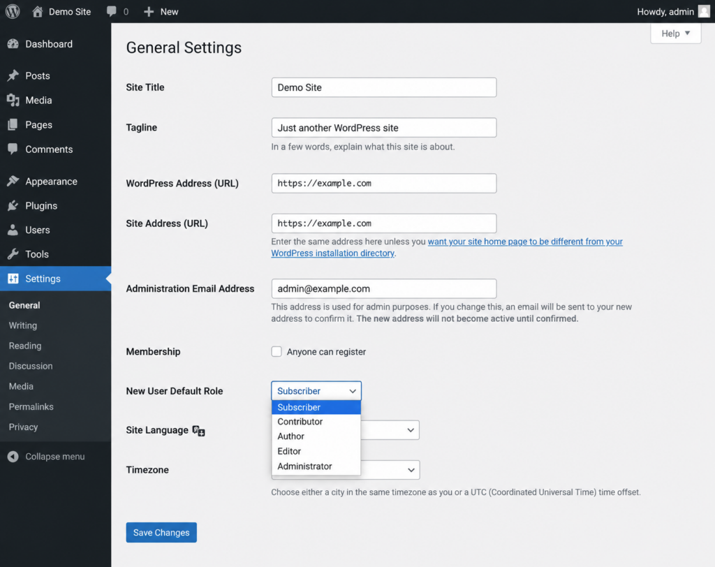 Setting the default user role in WordPress General settings