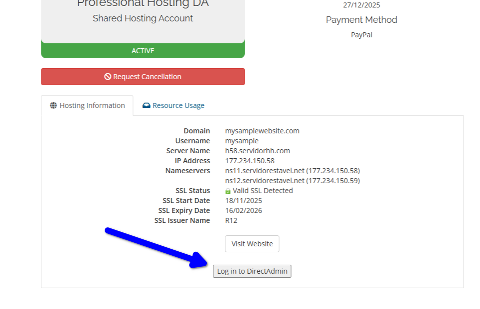 This image shows how to login to your web hosting control panel. Just click "Log in to DirectAdmin" as shown in the image,